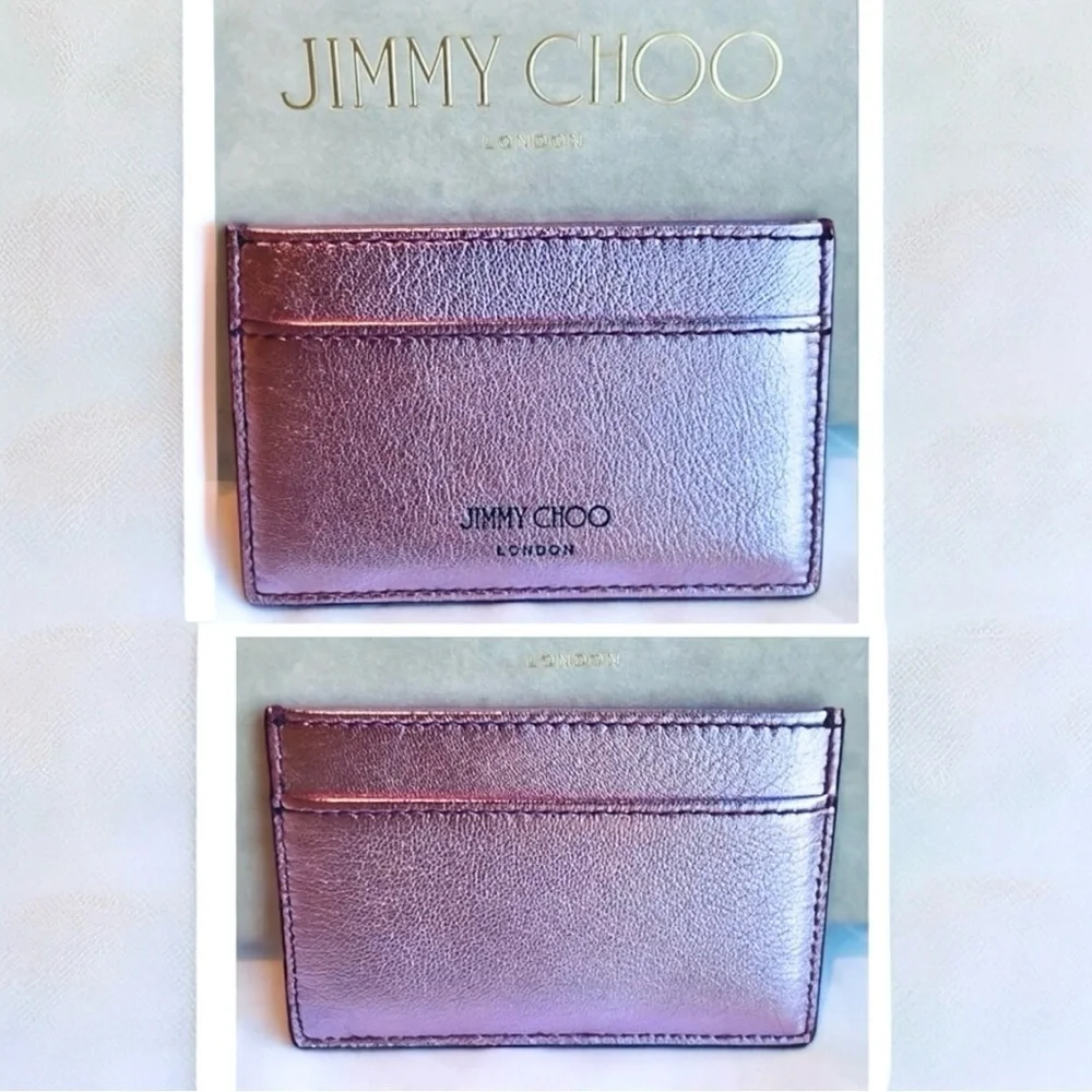 JIMMY CHOO Leather Metallic Lavender Lilac Card Holder logo Wallet NEW